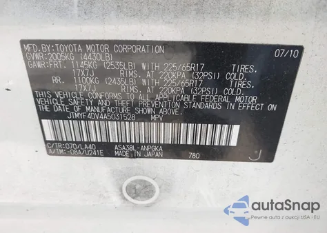2010 Toyota Rav4 Limited from USA, damaged, VIN JTMYF4DV4A5031528